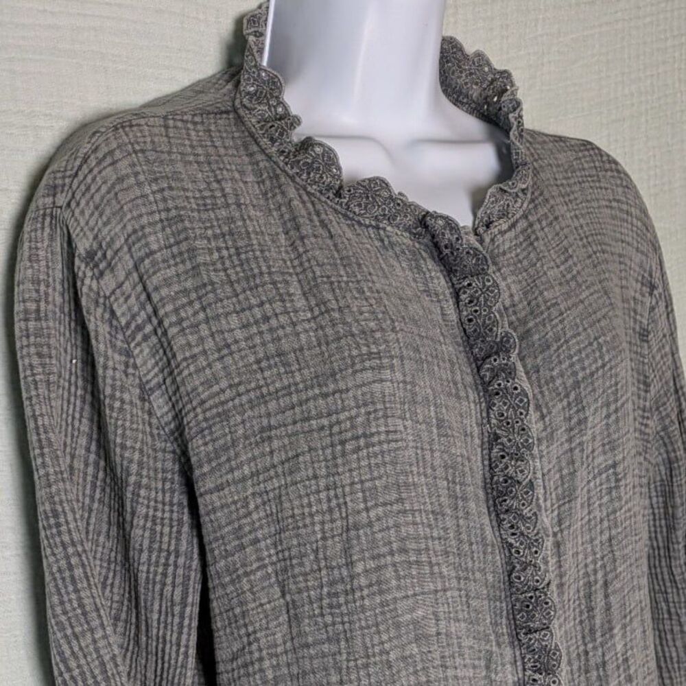 Grey Gauze Waffle Button up Eyelet Lace Ruffle Long Sleeve Women's Shirt Small - Picture 3 of 11